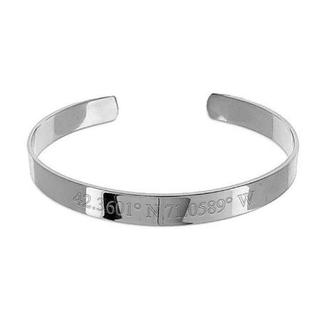 Wide Customizable Coordinates Engraved Steel Bangle Bracelet