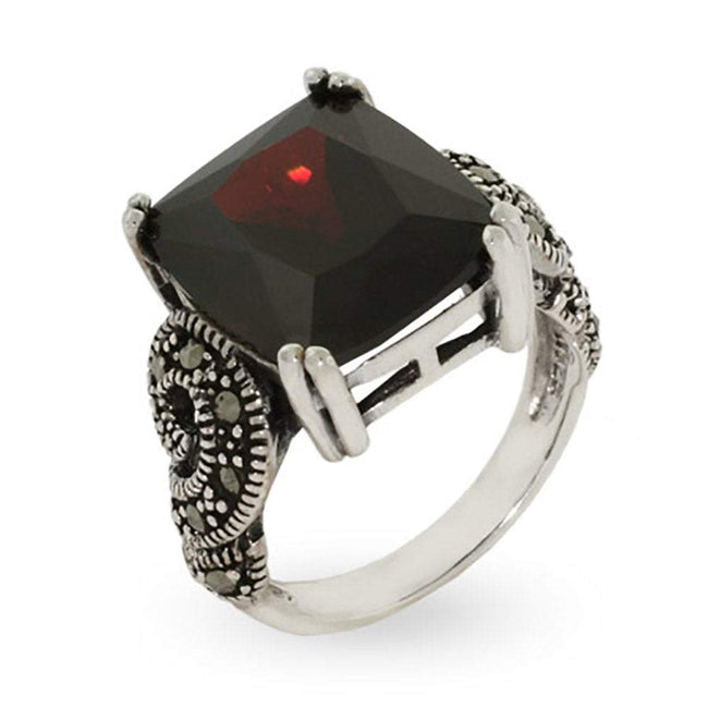 Emerald Cut Garnet CZ Marcasite Ring  in Sterling Silver