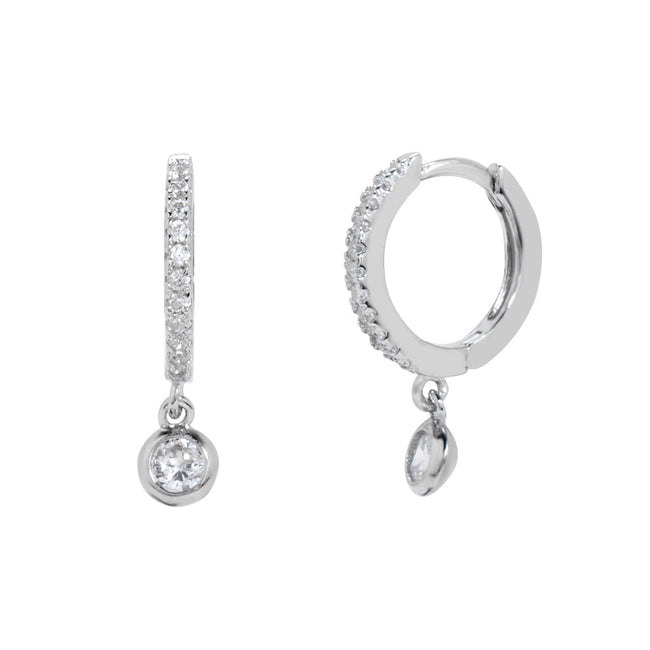 Sterling Silver Petite Bezel CZ Charm Huggie Earrings