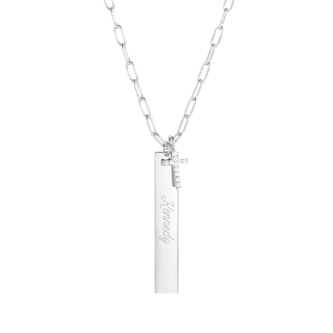 Engravable Paperclip Chain Vertical Bar CZ Cross Necklace