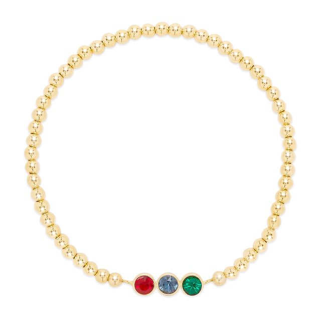 Three Stone Bezel Set Gold Birthstone Bead Bracelet