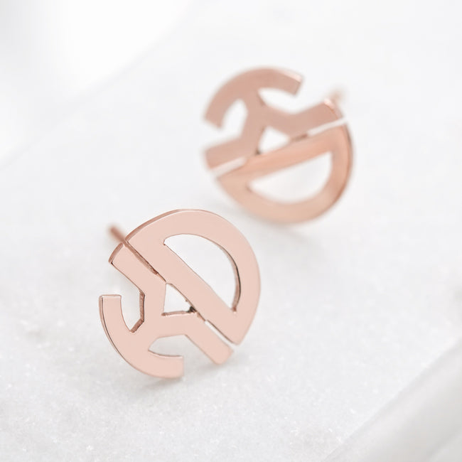 Rose Gold Round Block style Cut Out Monogram Earrings | Eve's Addiction