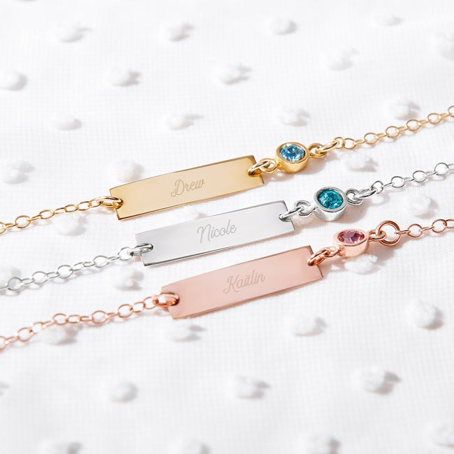 Engravable Rose Gold Custom Birthstone Name Bar Bracelet