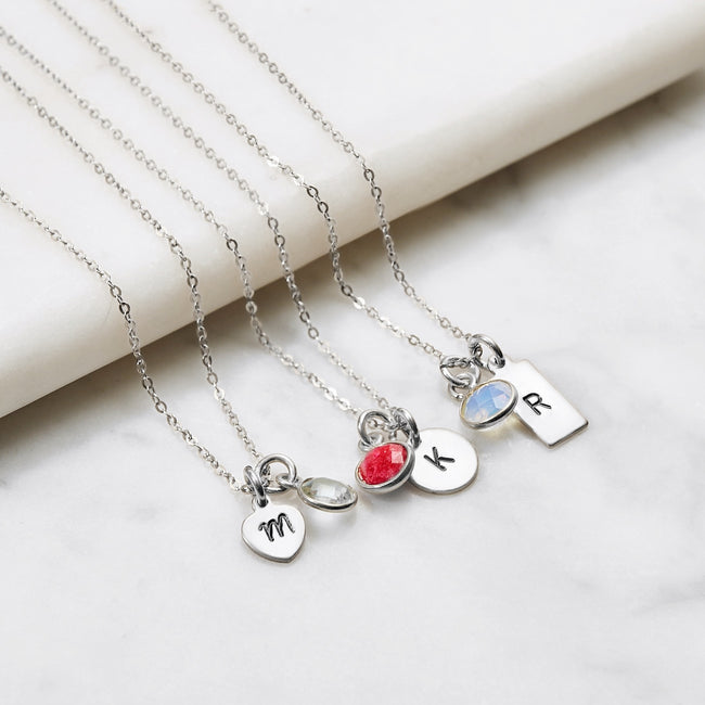 Hand Stamped Mini Initial Birthstone Necklace