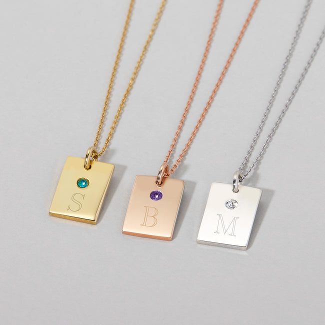 Birthstone and Initial Petite Gold Vertical Rectangle Necklace