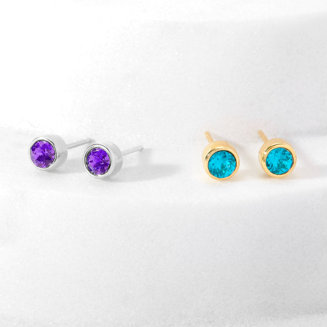 Custom Birthstone Bezel Set Silver Stud Earrings