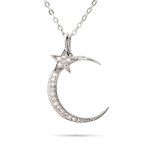 Glistening Moon and Star CZ Sterling Silver Necklace