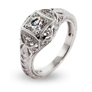 Vintage Deco Style Sterling Silver CZ Engagement Ring