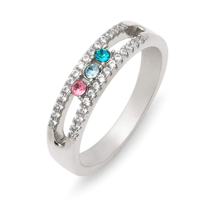 Three Stone Birthstone CZ Silver Ring