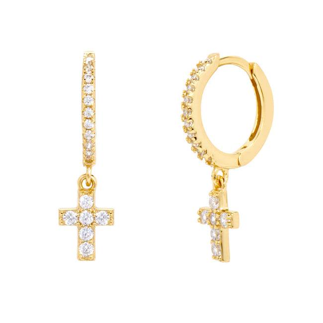 Gold Petite CZ Cross Charm Huggie Earrings