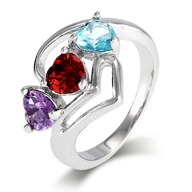 Three Heart Shaped Birthstone Modern Ring