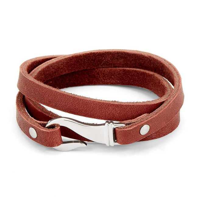 Men's Brown Leather And Steel Fish Hook Wrapping Bracelet