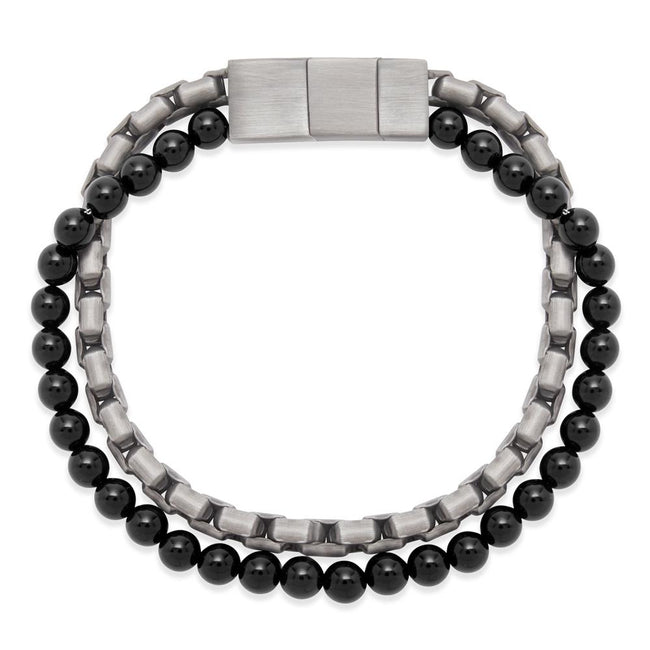 Men's Stainless Steel Chain and Black Agate Bead Bracelet