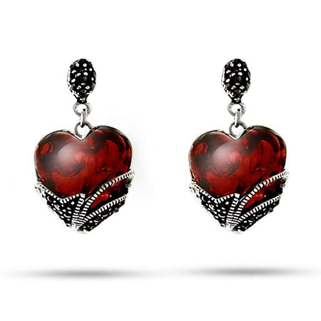 Vintage Style Garnet Glass Heart Marcasite Earrings