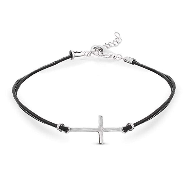 Sideways Cross Black Leather Bracelet