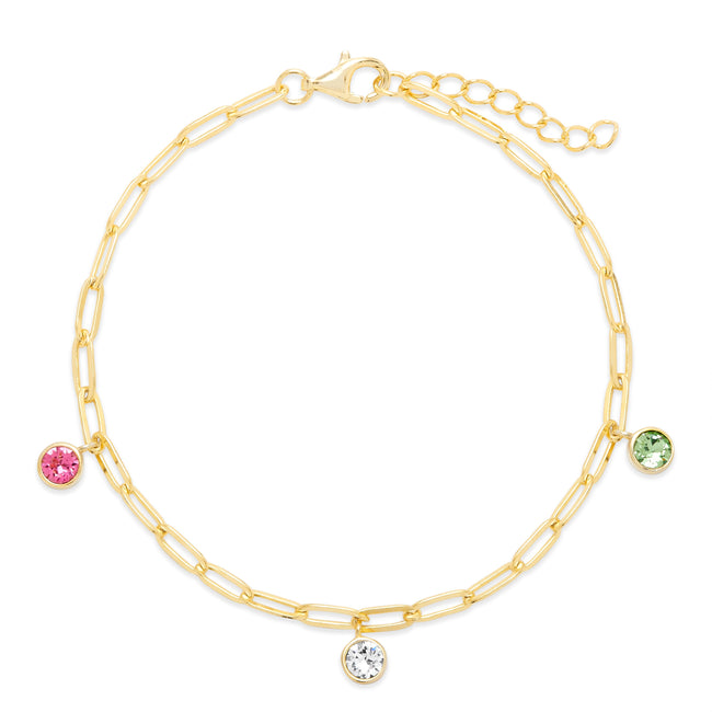 Custom Gold Paperclip Chain Three Birthstone Charm Bracelet