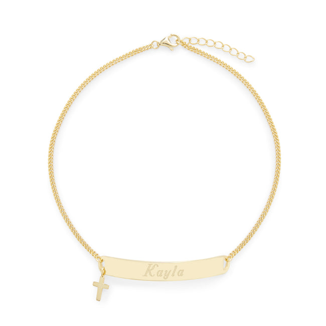 Engravable Gold Name Bar Anklet with Cross Charm