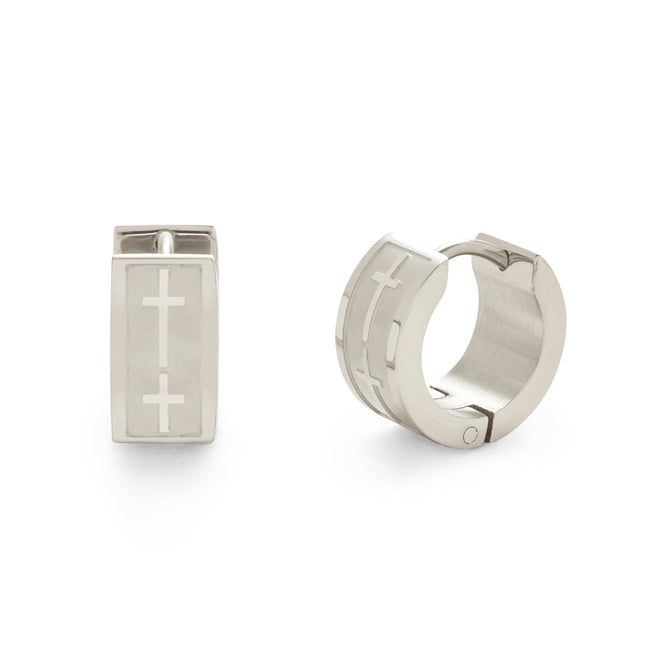 Men's Brushed Stainless Steel Cross Huggie Earrings