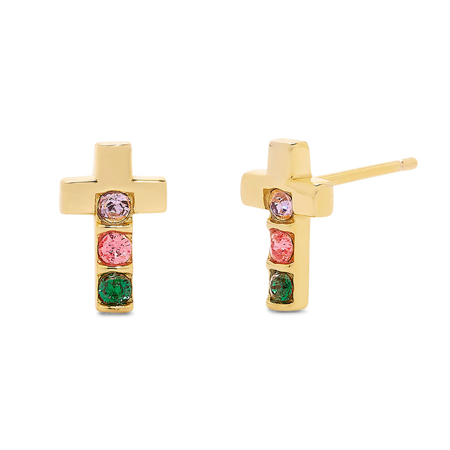 3 Stone Gold Cross Birthstone Earrings