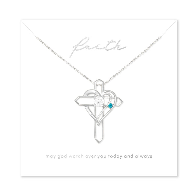 Faith Custom Birthstone Silver Heart and Cross Necklace