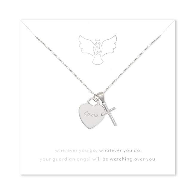 Guardian Angel Sterling Silver Engravable Heart with CZ Cross Pendant