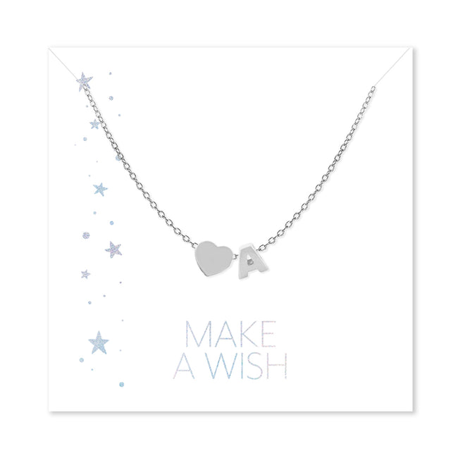 Make a Wish Personalized Initial and Heart Silver Necklace