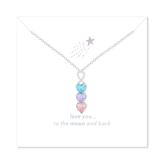 Love You to the Moon and Back 3 Stone Infinity Heart Drop Birthstone Necklace