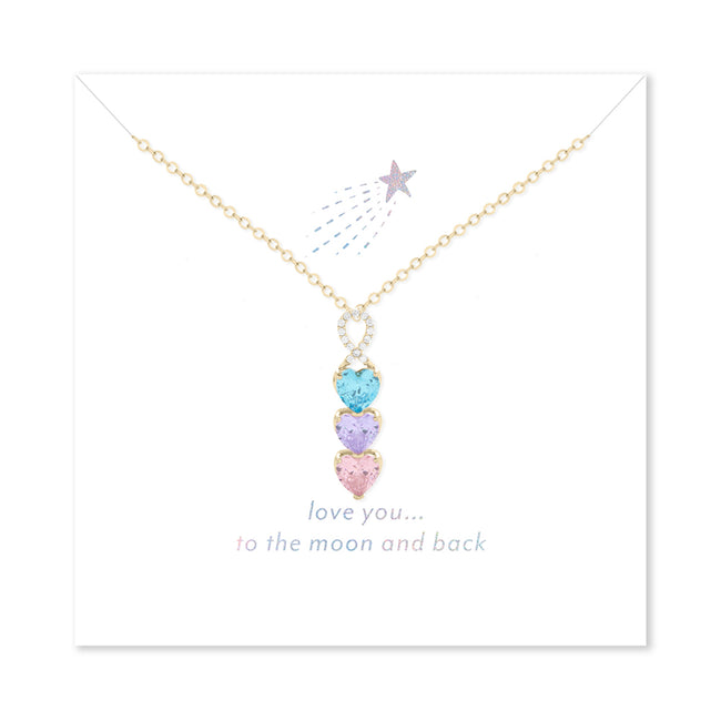 Love You to the Moon and Back 3 Stone Gold Infinity Heart Drop Birthstone Necklace