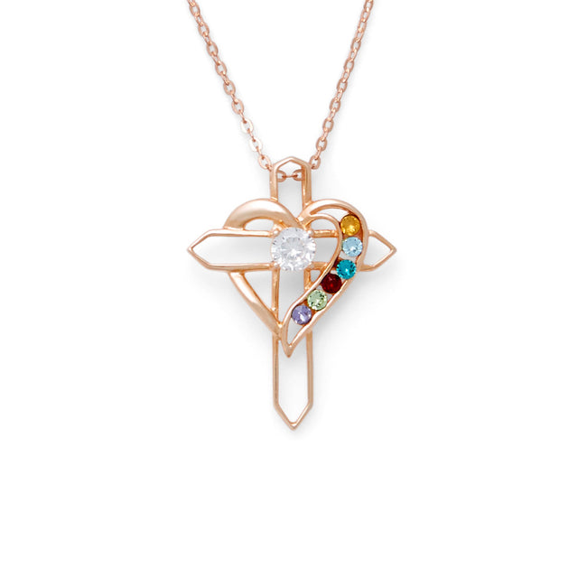 6 Birthstone Heart and Cross Rose Gold Necklace