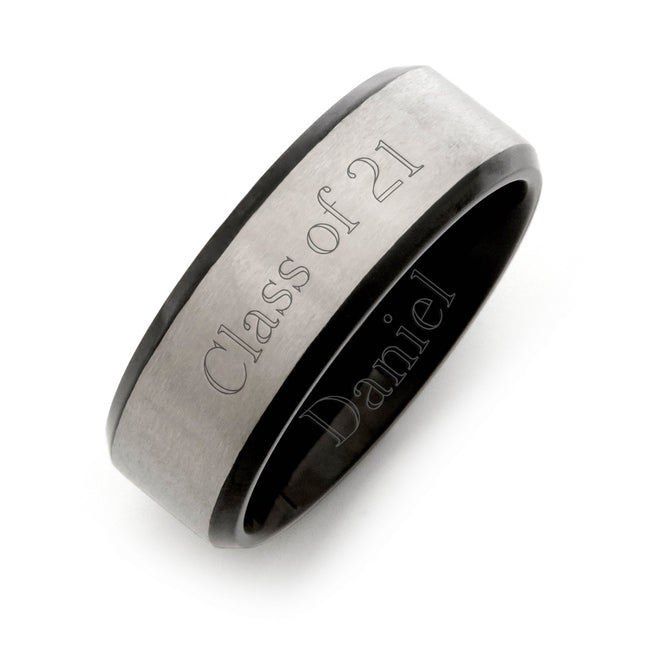 Brushed Silver Black Titanium Class Ring For Men