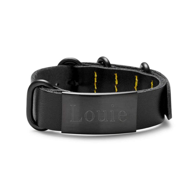 Engravable Men's Black Leather Buckle ID Bracelet