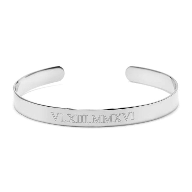 Roman Numeral Date Silver Cuff Bracelet | Eves Addiction