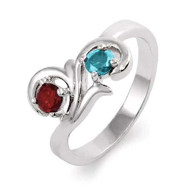 Two Birthstone Swirl Design Sterling Silver Ring