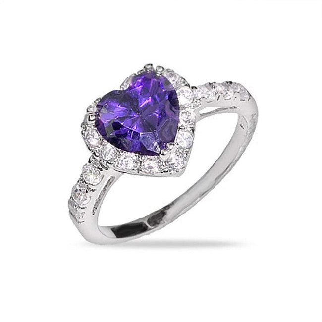 Purple Heart Sterling Silver Amethyst CZ Ring