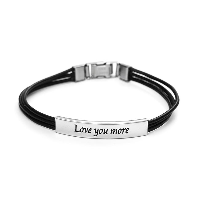 Engravable Love You More Black Leather Bracelet