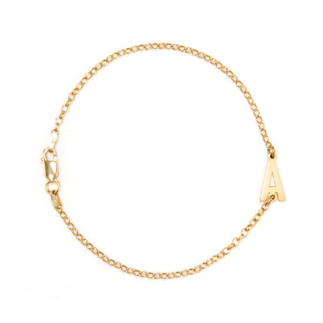 Gold Plated Sideways Initial Bracelet with Rolo Chain