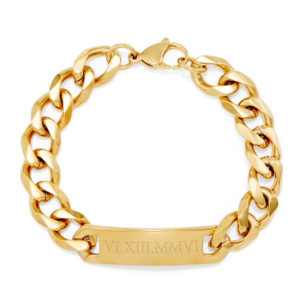 Men's Custom Roman Numeral Gold Curb Link Bracelet | Eve's Addiction