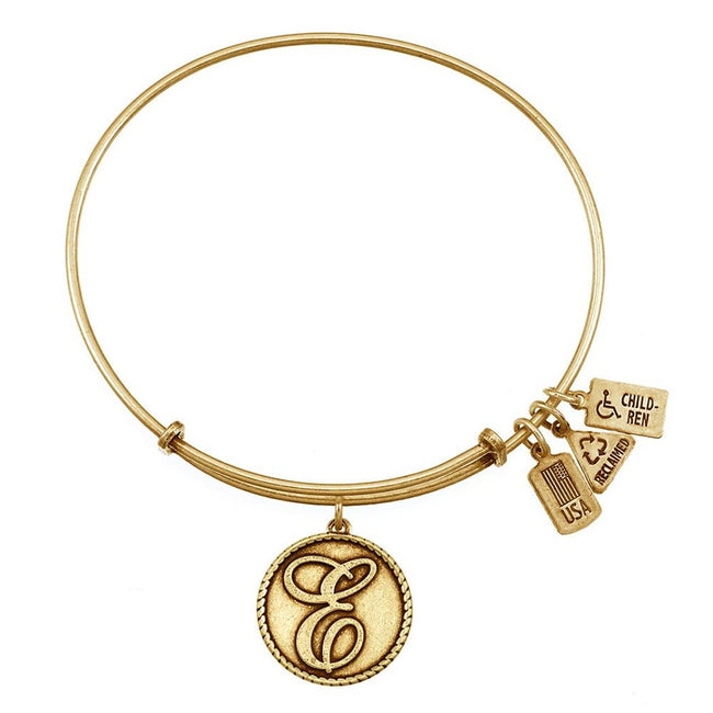 Adjustable Letter E Initial Charm 7.5" Gold Bangle Bracelet