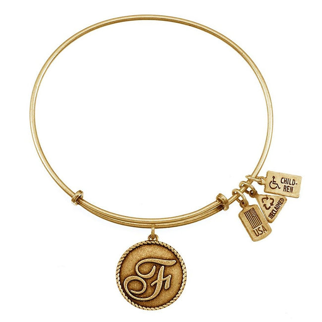 F Initial Round Tag Bangle Bracelet with Antique Gold Finish