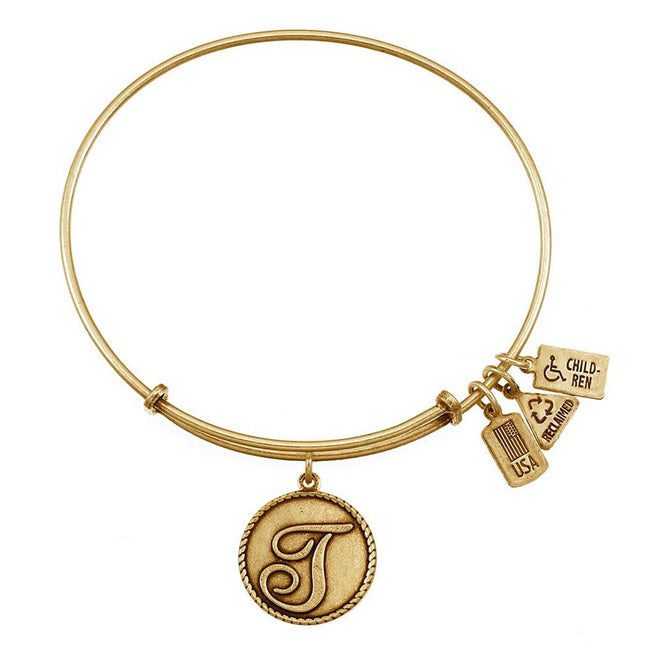 Letter T Initial 3/4" Dangling Round Charm Gold Bangle