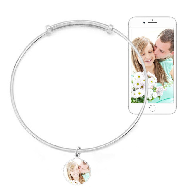 Custom Photo Bracelet Bangle & Diamond Cut Charm