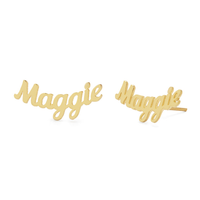 Magnolia Script Gold Curved Name Earrings