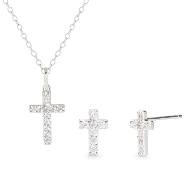 Sterling Silver Pave Cross CZ Stud Earring and Necklace Set