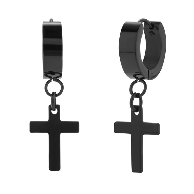 Men's Black Stainless Steel Dangle Cross Hinged Hoop Earrings