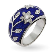 Royal Blue Enamel Ring with Vintage CZ Flower Design