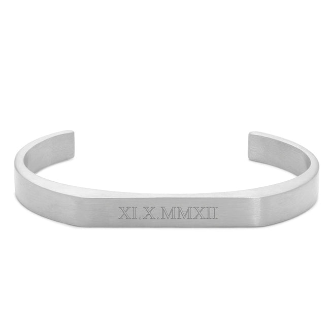 Men's Custom Roman Numeral Brushed Stainless Steel Rectangle Cuff Bracelet