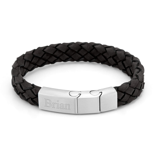 Engravable Men's Brushed Steel Black Leather Name Bracelet