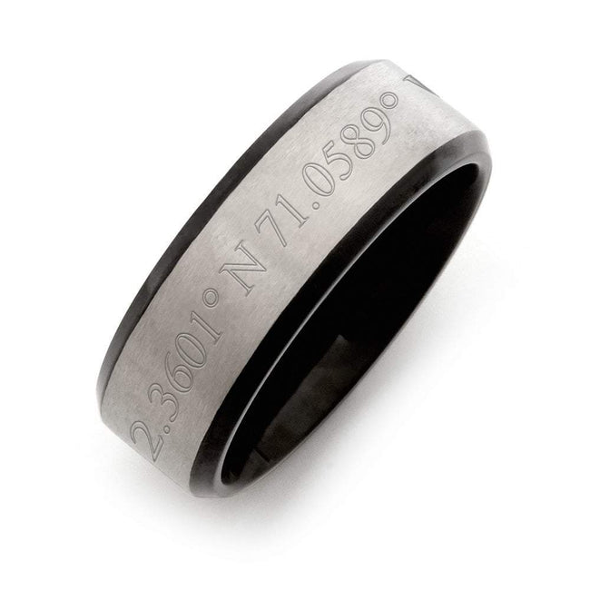 Men's Brushed Titanium Coordinates Engraved Black Band