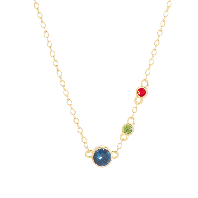 Three Birthstone Bezel Set Mother and Children Gold Necklace