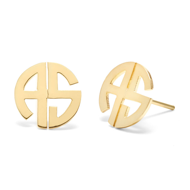 Gold Plated 2 Initial Round Block Cut Out Stud Earrings